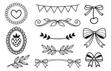 A charming collection of hand drawn decorative elements including bows laurel branches a strawberry in an oval frame a heart in a circular frame and a string of bunting flags perfect for scrapbooking 