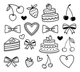 A charming collection of hand drawn black and white doodle elements featuring sweet treats like cherries strawberries and cakes along with decorative bows and hearts perfect for design projects