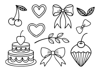 Collection of simple hand drawn doodle elements including cherries hearts bows a cake a cupcake and a branch with leaves perfect for design projects