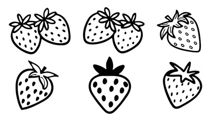 A collection of simple black and white hand drawn outline illustrations of strawberries with seeds and green leaves on a white background