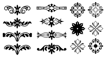 Collection of elegant black ornamental dividers and decorative elements in a classic vintage style showcasing intricate scrollwork and floral motifs on a white background