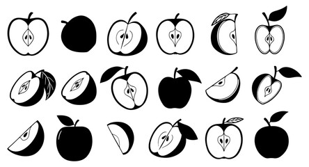 Collection of stylized black and white apple icons and illustrations showing whole apples halved apples and apple slices with and without leaves on a white background