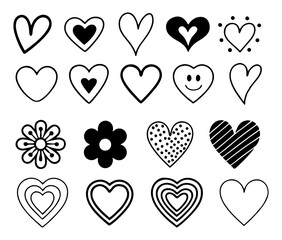 Collection of hand drawn doodle hearts and flowers in black and white with various patterns and styles including smiley face and concentric hearts for graphic design elements