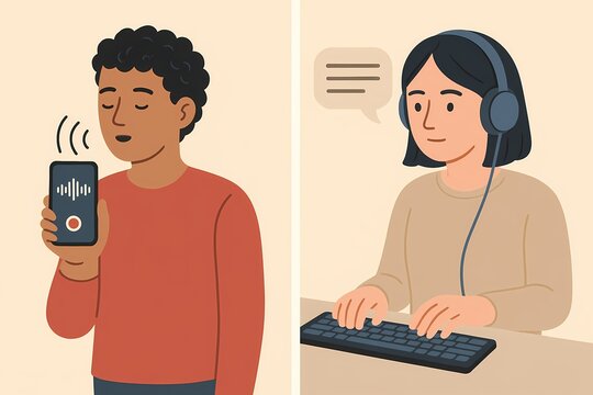 A flat illustration showing a man recording voice on a smartphone and a woman transcribing audio using headphones and a keyboard. Perfect for voice-to-text or transcription concepts.