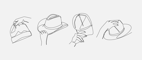 Set of drawing of hands holding beanie hat, cowboy hat, baseball cap, and fedora in continuous one line drawing style. Clothing, headwear, fashion concept. Editable line. Vector illustration