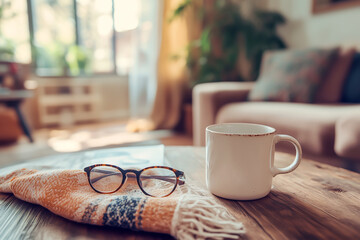 Coffee mug placed on a wood table in living room, accompanied by an open book and reading glasses, evoking a peaceful and homely atmosphere. Concept of relaxation, lifestyle and interior comfort.