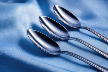 Three polished spoons on a blue fabric