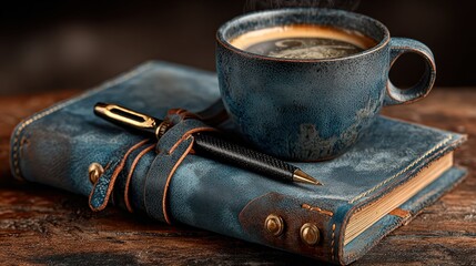 Dark blue mug of coffee beside a leather journal and pen