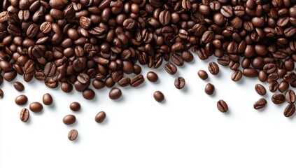 Coffee beans spill over white background