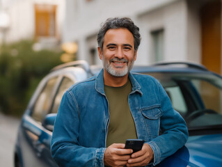 Smiling and happy middle age Hispanic man standing next to car and holding smartphone, copy space