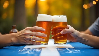 Two people in traditional German outfits toast with beer glasses at an Oktoberfest table, featuring pretzels in the background