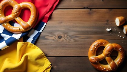 A wooden table displays Bavarian pretzels on a blue and white checkered cloth, reminiscent of Oktoberfest celebrations