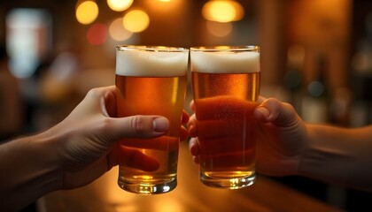 Two individuals in lederhosen and dirndl toast with beer glasses at Oktoberfest, surrounded by pretzels and festive atmosphere