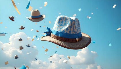 A flying German hat amidst a shower of confetti, capturing the lively spirit of Oktoberfest in the background