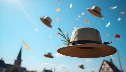 A German hat soars through the air, surrounded by colorful confetti, celebrating Oktoberfest in a festive background