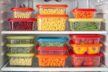 Refrigerator stocked with colorful food containers