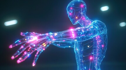 A transparent human body with glowing genetic modifications 