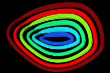 Abstract neon light spiral with concentric glowing rings in red, green, blue on black background. Futuristic and vibrant light art design.