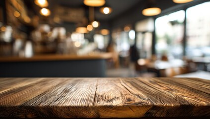 Rustic wooden table in a blurred cafe setting