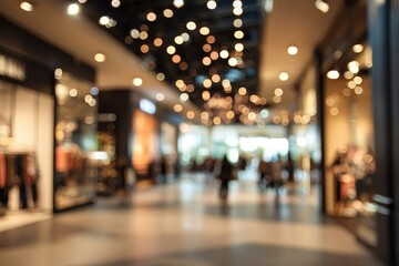 Blurred interior of a bustling shopping mall, showcasing shoppers and store fronts