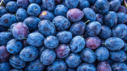 Blue plums background. Suitable for marketing or business purposes. Panoramic banner with place for text