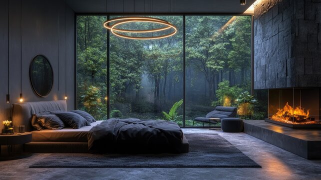 A modern bedroom with a forest view and a fireplace.