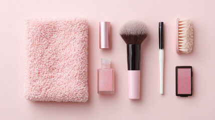 Minimal Flat Lay of Pastel Pink Cosmetic Items with Brush on Transparent Background

