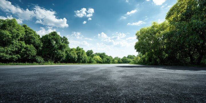Asphalt road flanked by lush green trees under a bright blue sky with fluffy clouds