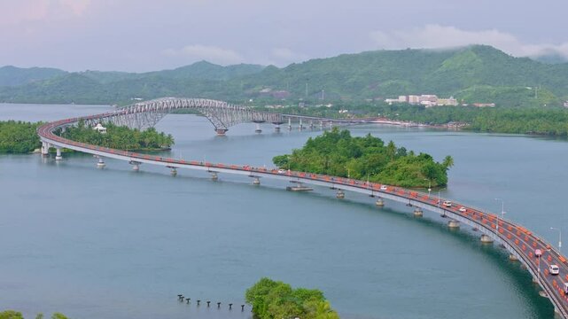 Cars driving on the San Juanico Bridge connecting Leyte and Samar, aerial view