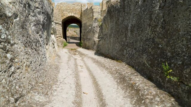 Walking Through Wooden Bridges In Ovech Fortress Near Provadia, Bulgaria. POV Shot