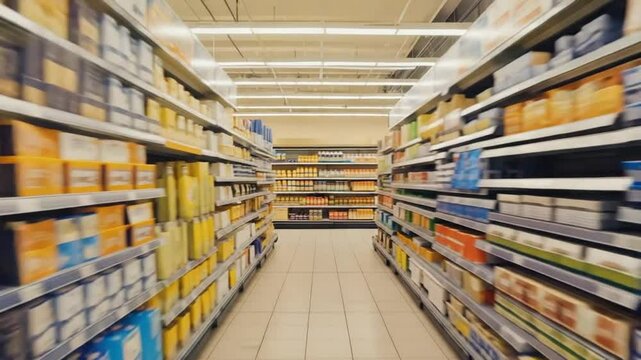 A well-lit supermarket aisle with shelves fully stocked with various products, symbolizing retail, consumer goods, and modern shopping. Ideal for business or lifestyle themes.
