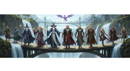 Epic Fantasy Heroes Gather on a Bridge Over Waterfalls in a Magical Realm