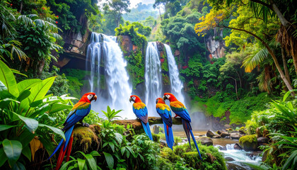 Vibrant scarlet macaws perched on a mossy log, overlooking a lush, cascading waterfall in a tropical rainforest setting