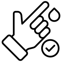 Icon of a human hand with the index finger being pricked to extract a drop of blood for analysis, accompanied by a verification sign or blood in normal condition
