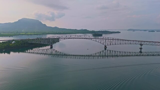 A stunning birds eye view from side of iconic San Juanico Bridge in Philippines, captured in cinematic detail alongside its full length from Samar to Leyte.