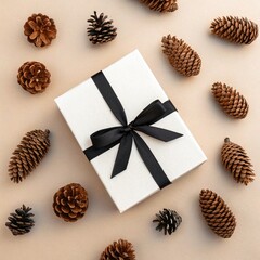 Obraz premium Minimalist Christmas Flatlay: White Gift Box with Black Ribbon and Pine Cones