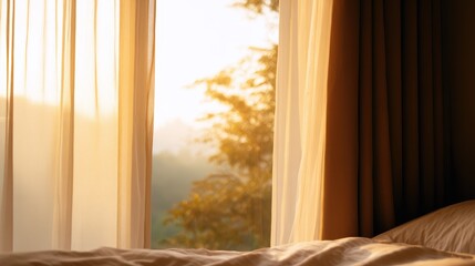 Serene morning light filtering through sheer curtains in a cozy bedroom with a peaceful view
