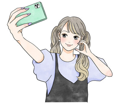 ポーズを撮って自撮りをする女性のイラスト