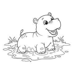 A muddy baby hippopotamus grins widely while standing in a puddle among grass.
