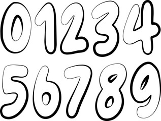 Fun cartoon-style bubble numbers 0 to 9 with bold outlines. Perfect for kids’ designs, posters, crafts, games, and educational projects. Editable vector for digital and print use in EPS Format