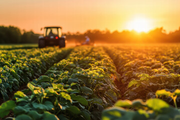Vast potato farm illuminated by golden hour sunlight featuring rows of lush green potato plants and a tractor in the foreground. Concept of agriculture, farming lifestyle and rural sustainability.