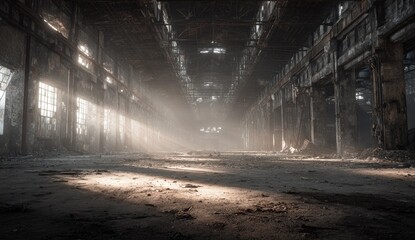Sunbeams in a vast, ruined factory