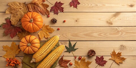 Fototapeta premium Autumn Harvest Pumpkins, Corn and Fall Leaves on Wood, Fall Decor, Thanksgiving