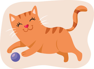 Happy Cat playing with a Toy Vector Cartoon Character. Pet is playing nicely with a ball and having fun alone

