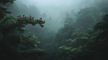 Misty rainforest with birds
