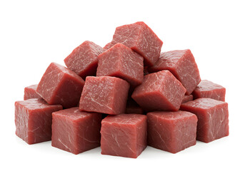 Diced Raw Beef Cubes Stacked on White Background | Fresh Meat for Culinary, Recipe, or Butchery Concepts