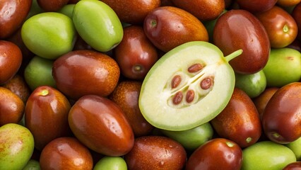 Fresh jojoba fruits background. Suitable for marketing or business purposes. Panoramic banner with place for text
