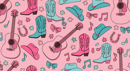 Seamless country western pattern featuring pink and teal cowboy boots, hats, guitars, musical notes, bows, and stars on a pink background. Ideal for textiles, digital paper, or event invitations