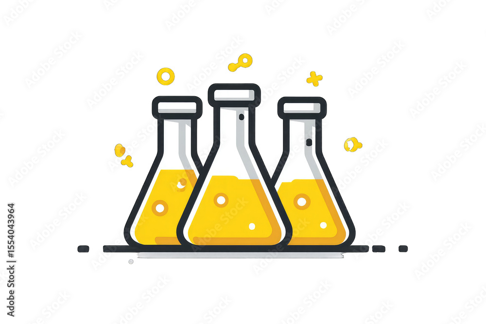 Poster three erlenmeyer flasks filled with yellow liquid, small yellow shapes floating around them, suggest