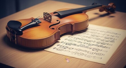 Naklejka premium Acoustic Violin Resting on a Wooden Table with Sheet Music